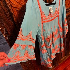 Ivy Jane Turquoise and Coral Embroidered Blouse